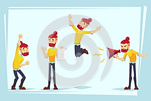 Business man characters. Adult Hipster in casual clothes. Emotions and expressions, pose. Vector cartoon character