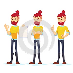 Business man characters. Adult Hipster in casual clothes. Emotions and expressions, pose. Vector cartoon character.