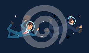 Business Man Characters in Suit and Astronaut Helmets Holding Briefcase Flying in Outer Space Among Stars Vector Set