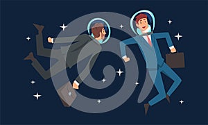 Business Man Characters in Suit and Astronaut Helmets Holding Briefcase Flying in Outer Space Among Stars Vector Set