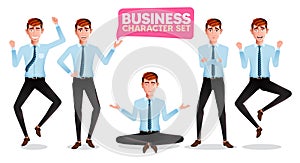 Business man characters vector set. Businessman graphic character in cheerful, jolly, relaxing and upset pose and expressions.