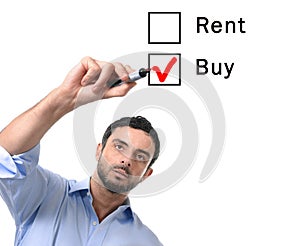 Business man choosing rent or buy option at formular real estate concept