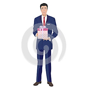 Business man in classic suit holding box gift present.