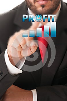 Business man click button to activate growing profit chart or ba