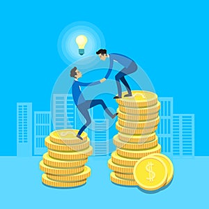 Business Man Climb Coins Stack, Businessman Support Help Flat 3d Isometric Design