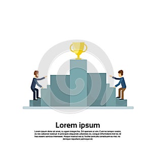 Business Man Climb Podium Golden Cup Competition Concept