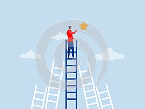 Business man on climb up ladder reaches stars target on sky. Achieve goal and dream,goal, achievement