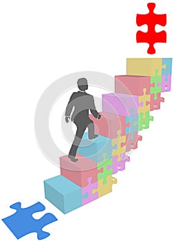 Business man climb up puzzle steps