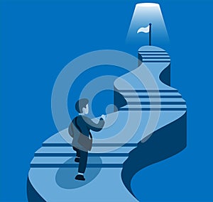 Business man climbing stair to goal. business career development in cartoon illustration vector