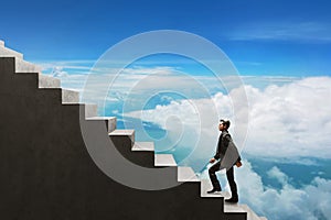 Business man climbing stairs in blue sky 3d illustrations