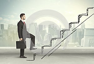 Business man climbing up on hand drawn staircase concept