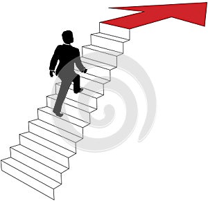 Business man climbs up arrow stairs