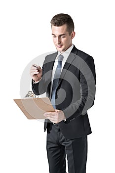 Business man with clipboard, isolated