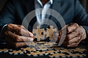 business man closeup Hands join puzzle pieces, putting the jigsaws team together. ai generated