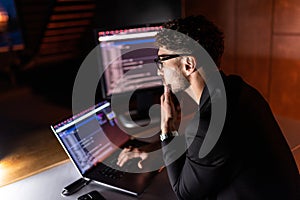 Business man for coding, software development and programming script in cybersecurity