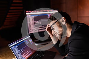 Business man for coding, software development and programming script in cybersecurity