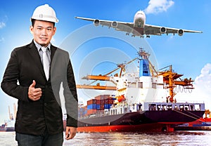 Business man and comercial ship with container on port freight c
