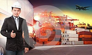 Business man and comercial ship with container on port use for i photo