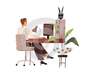 Business man at computer desk at work. Employee working at PC at cozy workplace. Office worker sitting in chair at
