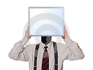 Business man with computer screen for head