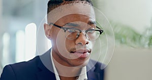 Business man, computer and thinking of plan in office or reading email or problem solving. Face of serious african