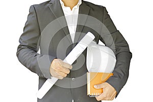 Business man construction isolated on white background. With project plan in his hand