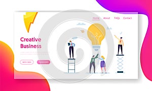 Business Man Creative Idea Landing Page. Teamwork Solution for Growth Success. Woman Character Power up Lightbulb