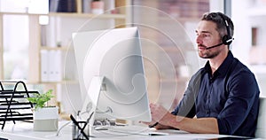 Business man, crm and call centre worker on a company desk with web support and help. Computer, conversation and contact