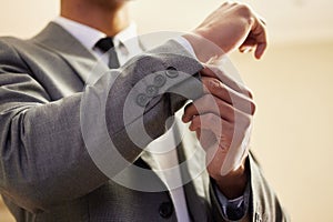 Business man, cuffs and getting ready in home, consultant and employee dressing for work. Male person, professional and