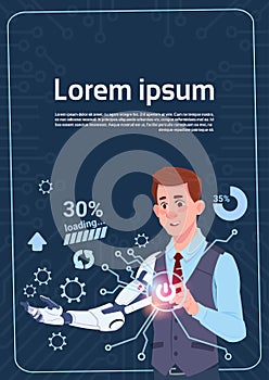 Business Man Cyborg With Modern Robot Hand Abstract Infographic Background Banner