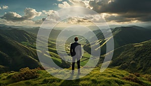 Business man in dark suite standing on green grass in the mountains