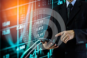 Business man on digital stock market financial indicator background. Digital business and stock market financial indicator on LED