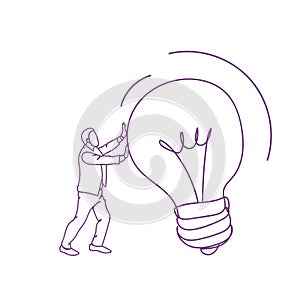 Business Man Doodle Push Light Bulb Hand Drawn Banner New Idea Concept