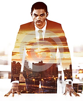 Business, man and double exposure of city or skyline on portrait with power from leadership in white background. Serious