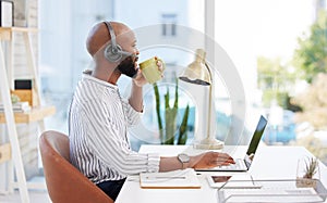 Business, man and drinking coffee in call center office with headset, laptop and telemarketing break by desk. Consultant