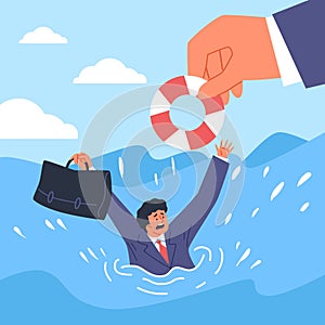 Business man drowning holding briefcase, asking for help, hand gives lifebuoy, vector financial insurance and protection