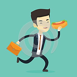 Business man eating hot dog vector illustration.