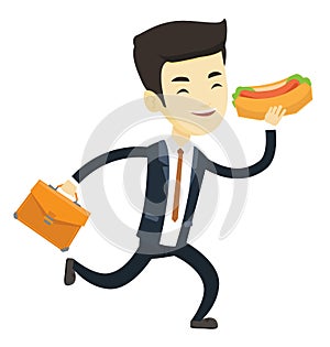 Business man eating hot dog vector illustration.