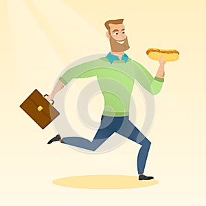 Business man eating hot dog vector illustration.