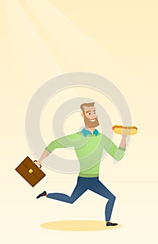 Business man eating hot dog vector illustration.