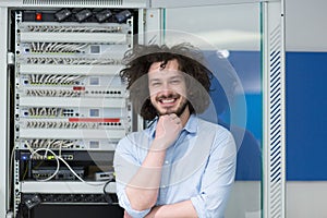 Business man engeneer in datacenter server room