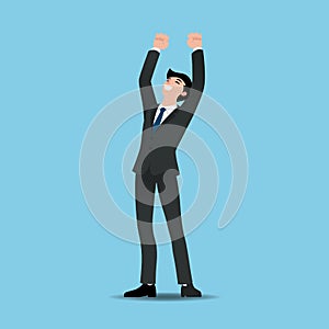 Business man executives celebrate his successful, raising hands with clenched fists up over heads.