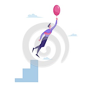 Business Man Flight Adventure, Career Growth and Escaping Crisis. Businessman Character Flying with Air Balloon in Air