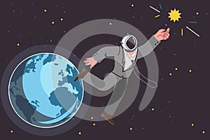 Business man is flying in space trying to touch sun with hand, going on tourist flight into orbit