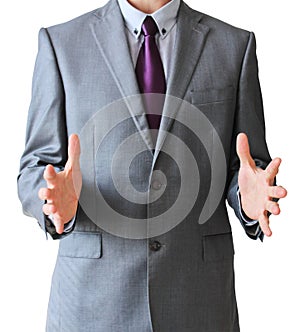 Business man with free space between hands, isolated on white ba