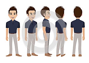 Business man. Front, side, back, 3-4 view animated character. Flat vector illustration