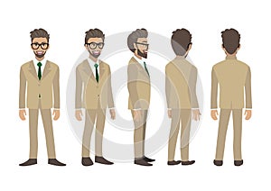 Business man. Front, side, back, 3-4 view animated character. Flat vector illustration