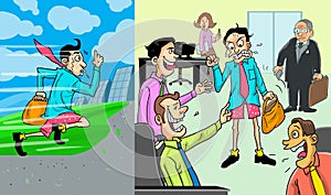 Business man cartoon without wearing pant and bring  women handbag running fast to office.