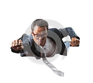 Business man with funny face flying isolated white background