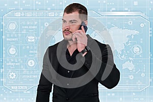 Business man in futuristic office. Global corporate concept. Success